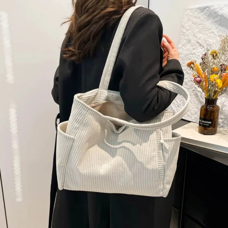 Large Corduroy Tote Bag for Women Everyday Shoulder Bag with Pockets and Zipper for Work Travel Vacation