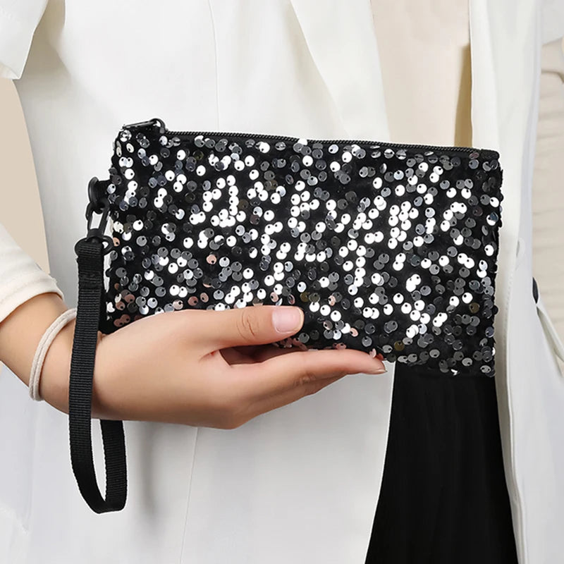 Ladies' sequined wallet handbag, long style, zipper mobile phone bag, change purse, wrist bag