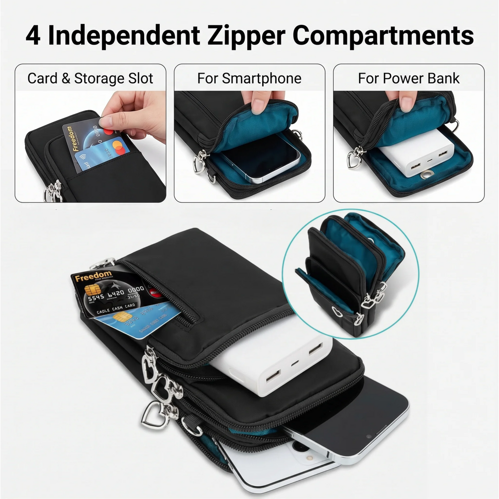 Waterproof Nylon Mini Crossbody Phone Bag for Women Heart Metal Zipper Multi Compartment Shoulder Arm Bag Phone Purse Wallet
