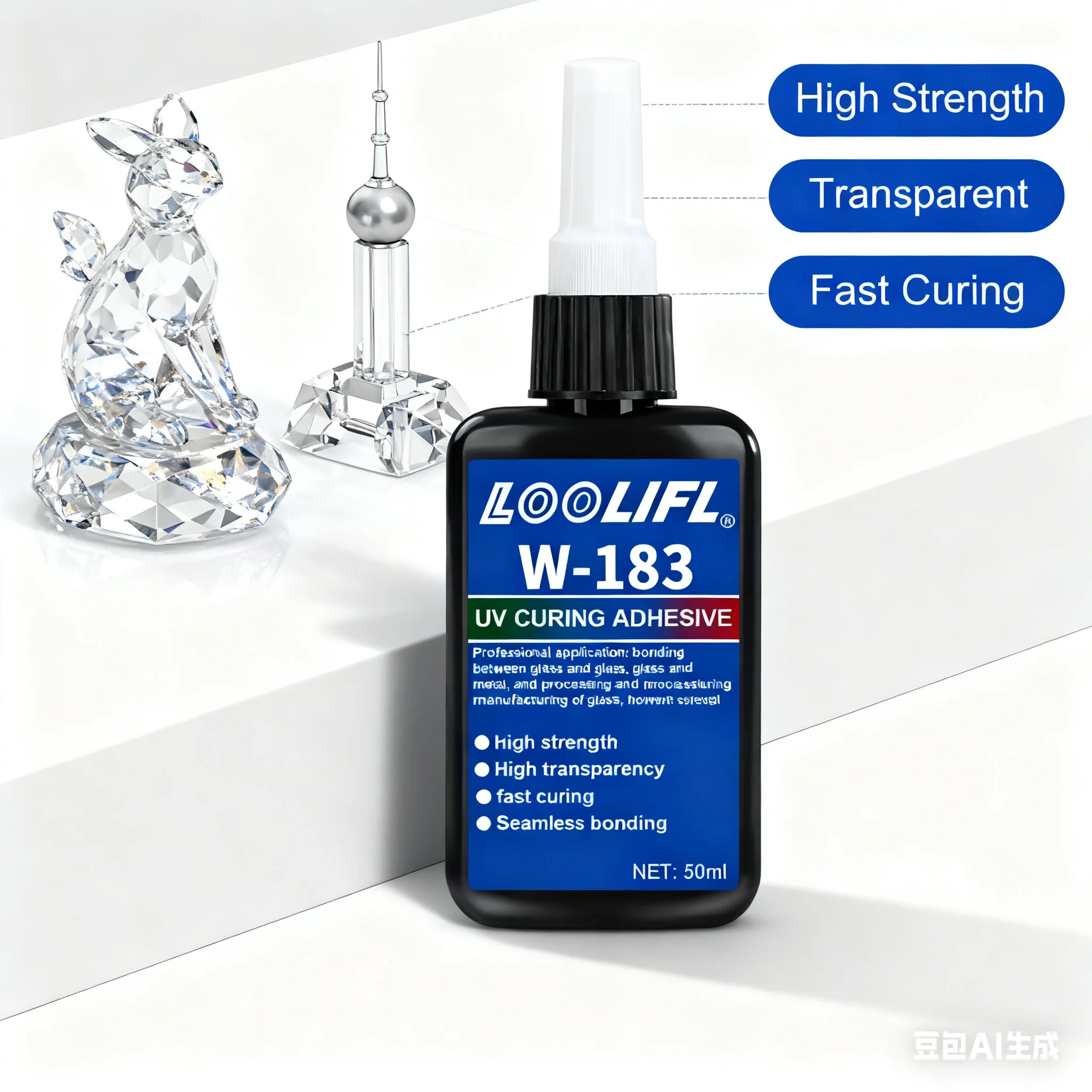 Loolifl Hot-Selling 183-1000ml Strong Curing Adhesive, Uv Glue Shadowless Adhesive for Glass, Crystal, Metal, Abs, Nail Art, DIY Crafts, Comes with Uv Curing Lamp