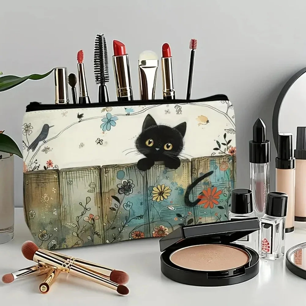 Black Cat Floral Zipper Pouch - Durable, Fade-Resistant Cosmetic Bag, Gift for Sisters, Friends, Cat Lovers and Vibrant Design