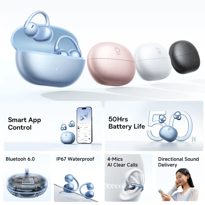 Baseus Bowie MC2 S Open Ear Wireless Earphones Bluetooth 6.0 Comfort Clip On Sports  Earbuds 4-Mic AI Clear Calls 50Hrs Playtime