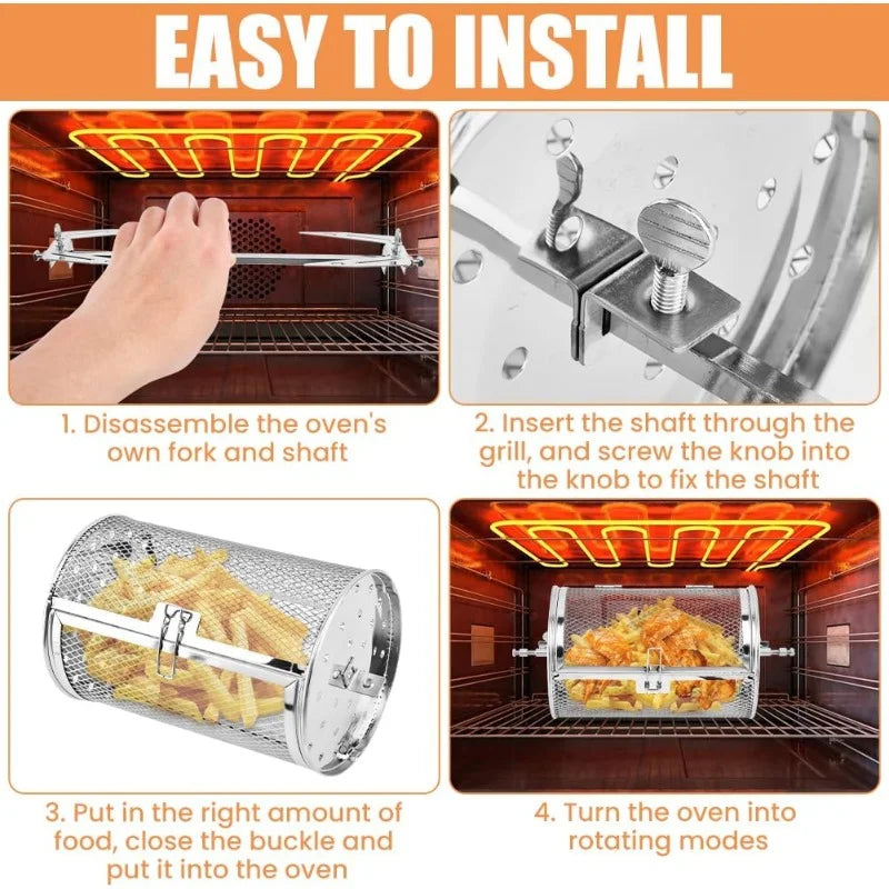 Food Stainless Steel Rotary Baking Cage Rotisserie Basket Oven Round Rack Basket Non-Stick Washable Grill Roaster Kitchen Tools