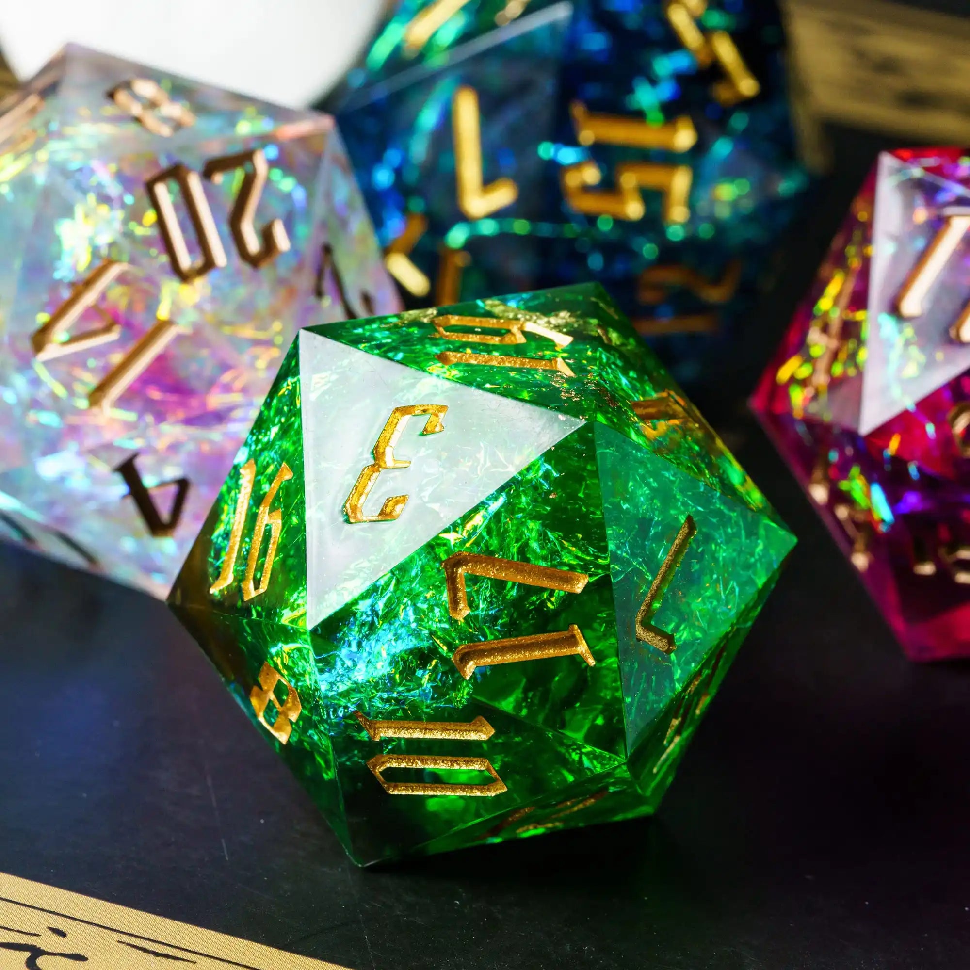 Cusdie 33mm Rainbow Film D20 Dice, 20 Sided Resin Sharp Edges Dice, Single D20 Polyhedral Dice, for Role Playing Board Game