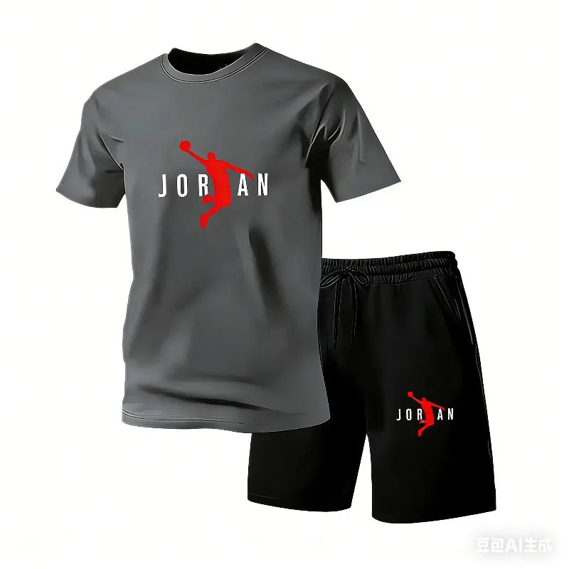 2026 New Jordan Style Men's 2 Piece Set Summer Black Short Sleeve T Shirt Shorts Casual Sports Tracksuits Plus Size S-4XL