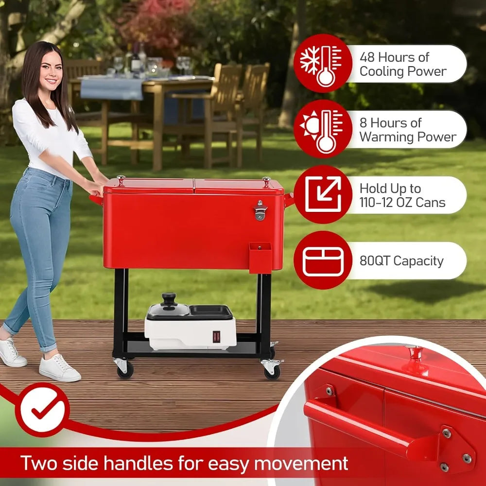 80 Quart Rolling Ice Chest,Portable Bar Drink Cooler,Catch Basin,Bottom Storage Tray & Bottle Opener, Custom