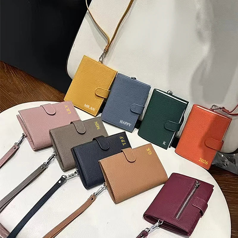 Genuine Leather Engraving Passport Wallet With Neck Strap Custom Name Cowhide Travel Wallet Woman Portable Card Bag Coin Purse