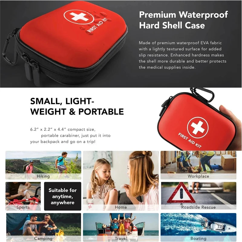 Portable First Aid Kit in Hard Shell Case with Carabiner Clip & Compact Emergency Medical Bag for Home, Outdoor, Travel, Cam;'&*