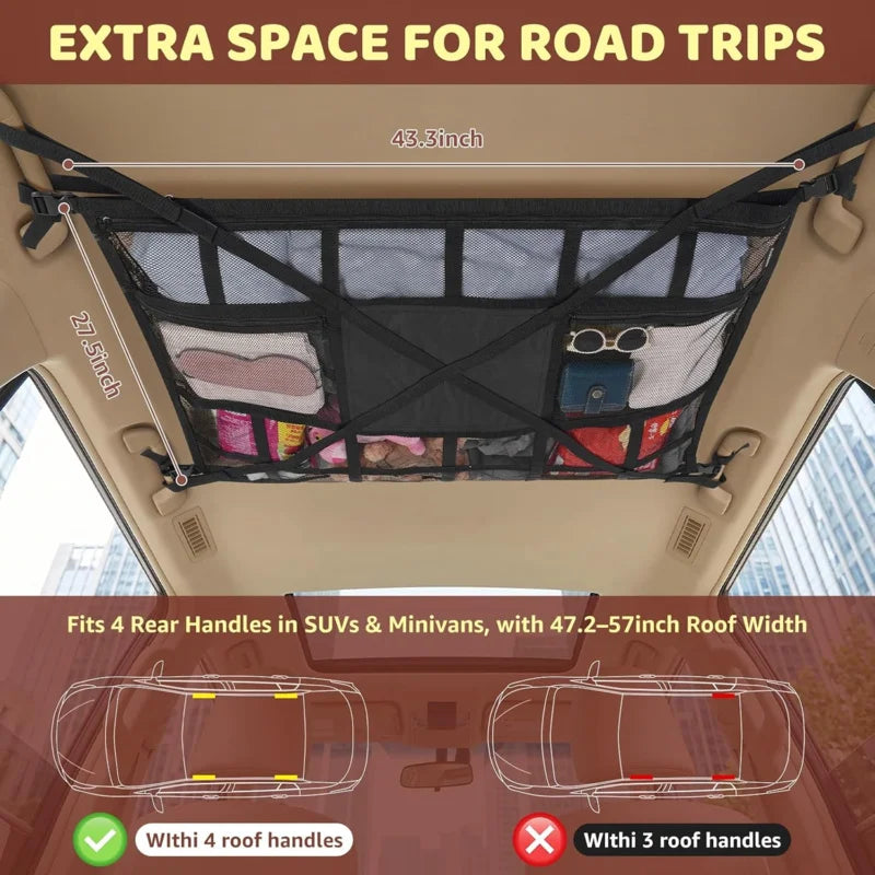 Extra Large Car Ceiling Cargo Net 43.3x27.5in, SUV Van Truck Roof Storage Organizer, Overhead Mesh Holder for Travel