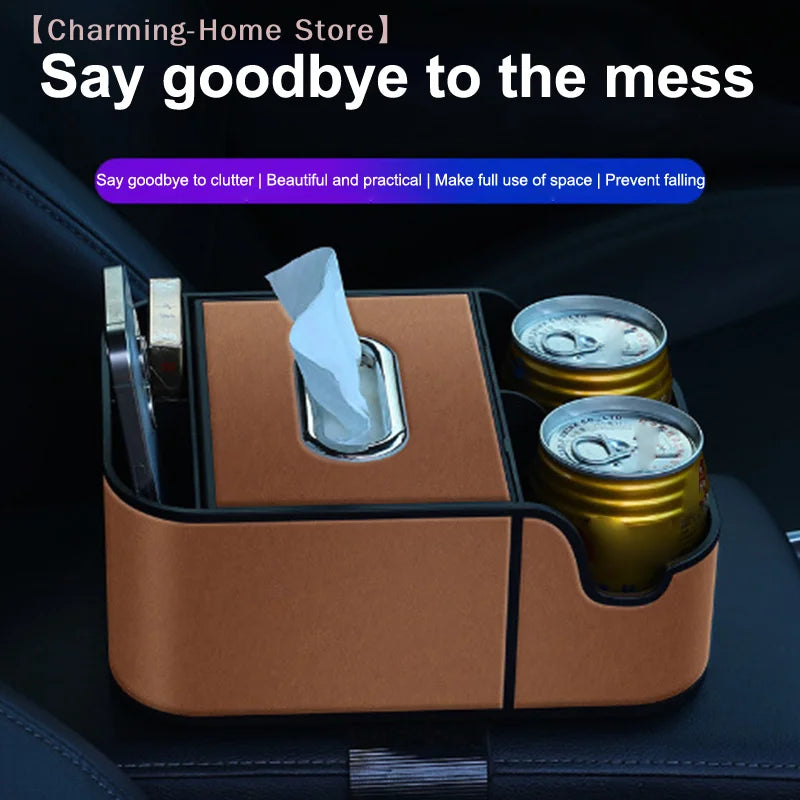 1PC Universal Car Armrest Organizer With 2 Cup Holders & Tissue Box - Back Seat Storage Box For SUV/Sedan Interior Accessories