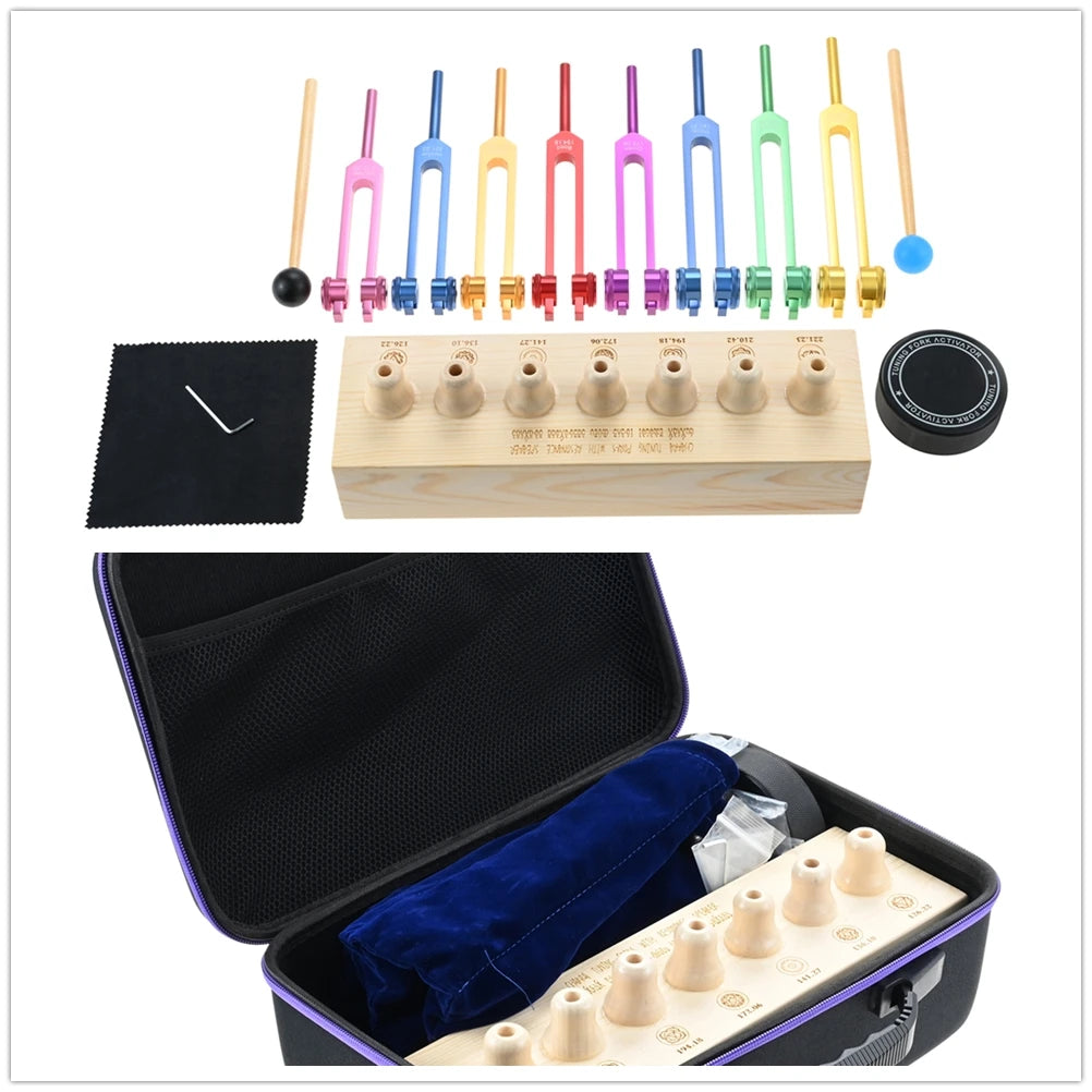 8pcs Chakra Tuning Forks 126.22/136.1/141.27/172.06/194.18/210.42/221.23/272.2Hz Wood Stands Activator Hammer Valise Gift Box