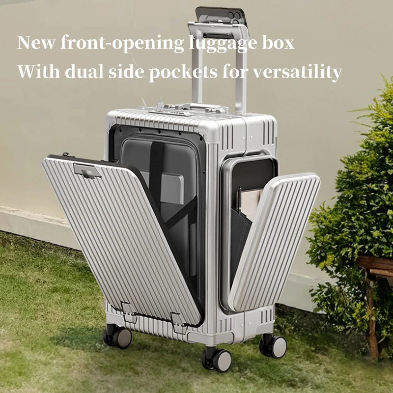 New-style three-opening multifunctional front-opening suitcase, 20-inch PC material with double side pockets, large-capacity tra