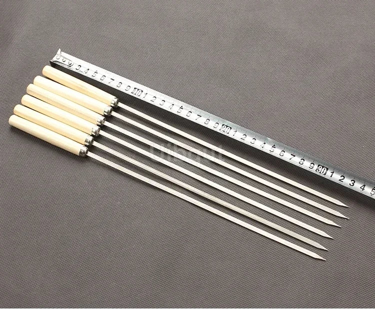Flat Barbecue Stick BBQ Roasting Needle With Wooden Handle Brochette Tong Kebabe Skewers Stainless Steel Roasting Tools