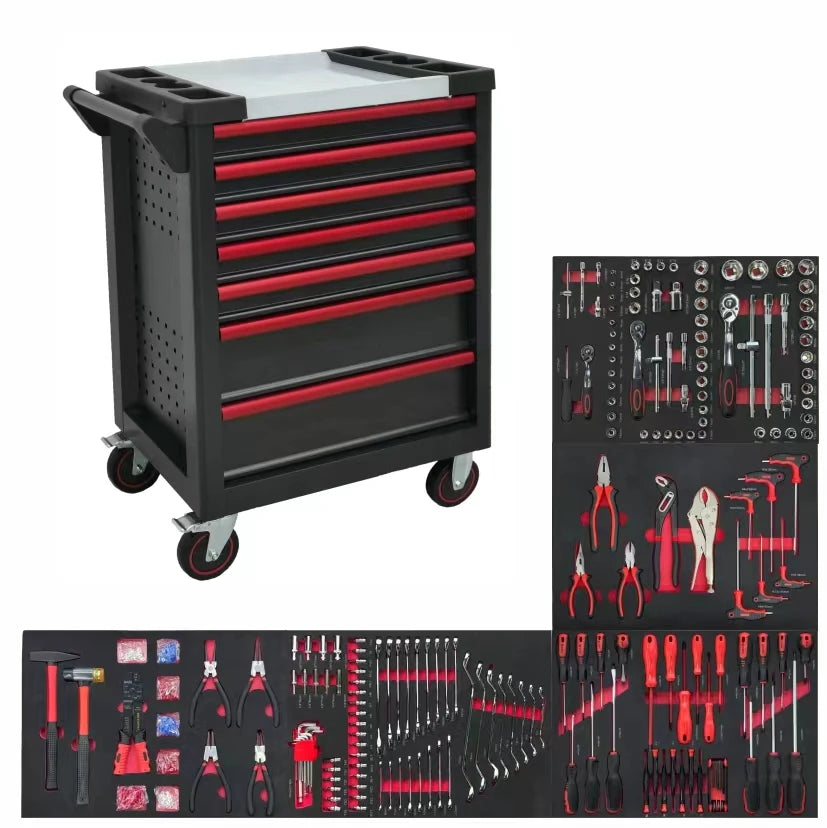 420 Pcs Lockable Metal Tool Box Sets Mechanic Rolling Cabinet Trolley 150kg Capacity 5 Inch Wheels Portable Workshop/Garage