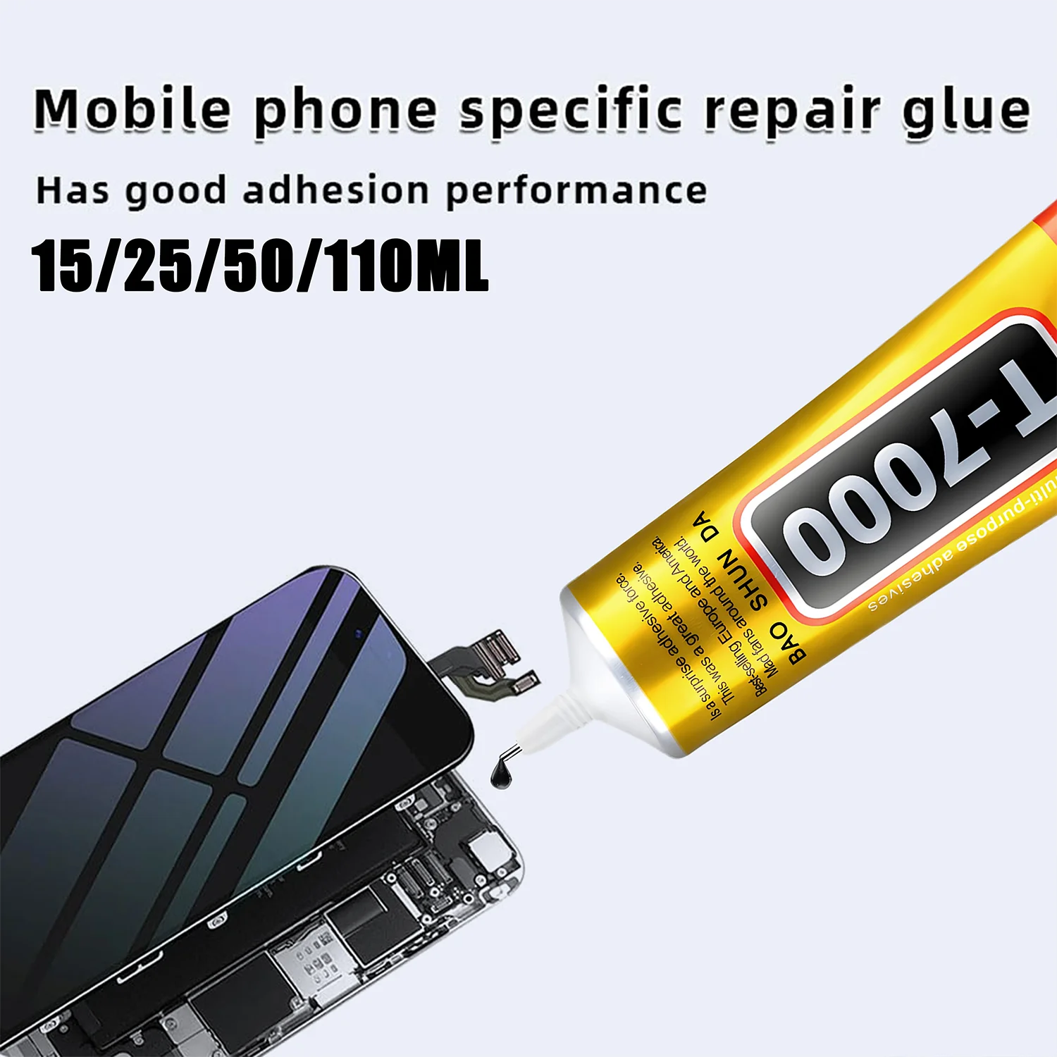 T7000 Black Soft Adhesive T-7000 Computer Touch Screen and mobile phones Touch Screen Repair Frame Anti-Vibrant Universal Glue Tablet Repair Sticker 15/25/50/110 ml, includes precision syringe.
