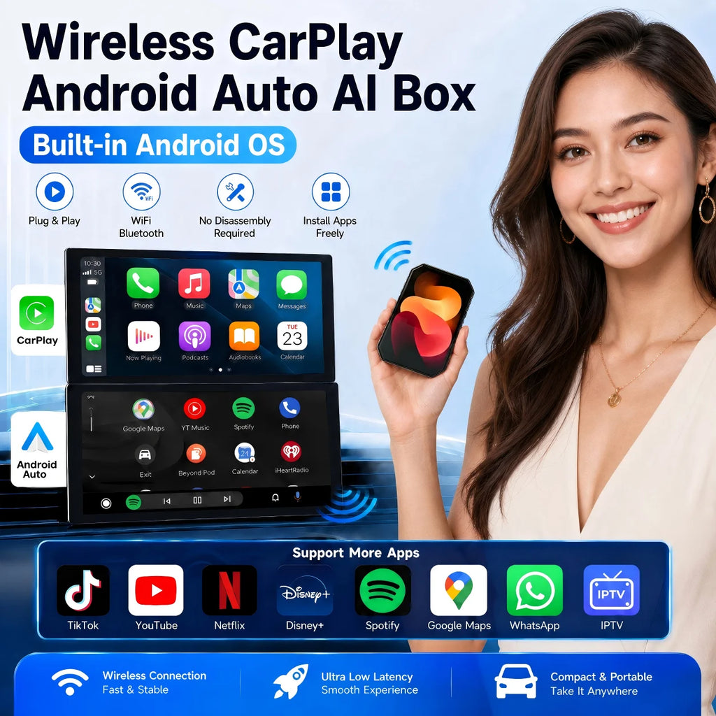 Wired To Wireless CarPlay Android Auto Adapter Built in Independent Android 15 OS Supports IPTV YouTube Netflix Plug and Play