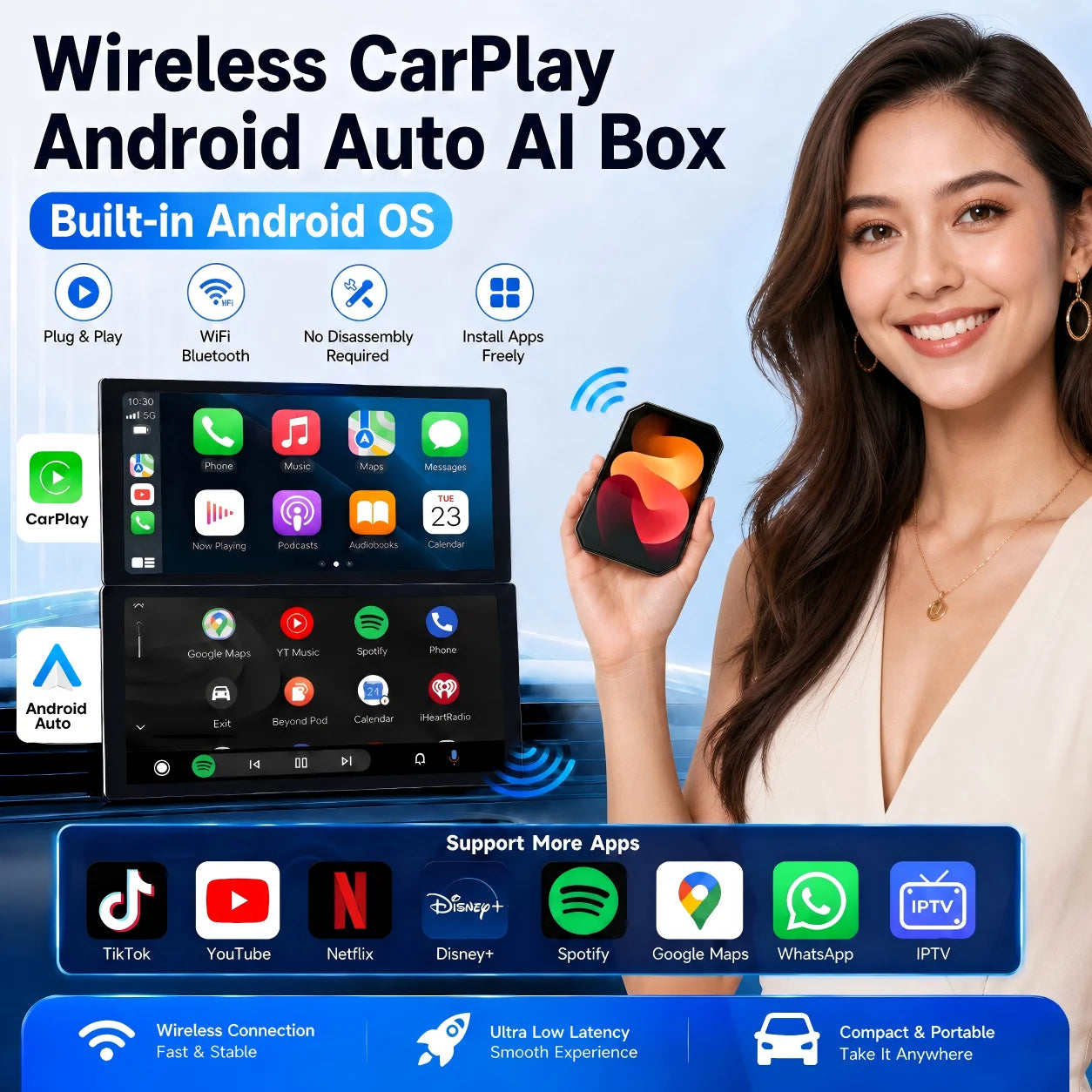 Wired To Wireless CarPlay Android Auto Adapter Built in Independent Android 15 OS Supports IPTV YouTube Netflix Plug and Play