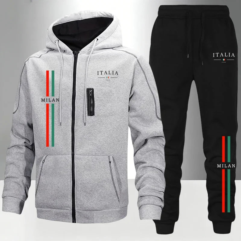 Men's Tracksuit Print Casual Hoodie Sweatshirts Coat Outdoors Sports Jogging Clothing Autumn Winter Warm Single Zip Jacket Pants