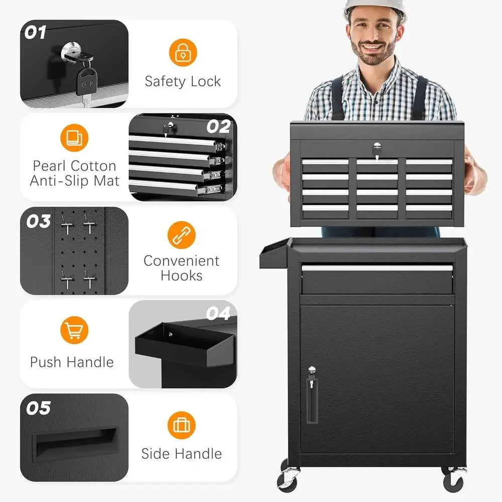 Portable Tool Chest on Wheels with 5 Drawers, Detachable Cabinet for Secure Storage in Workshops and Garages