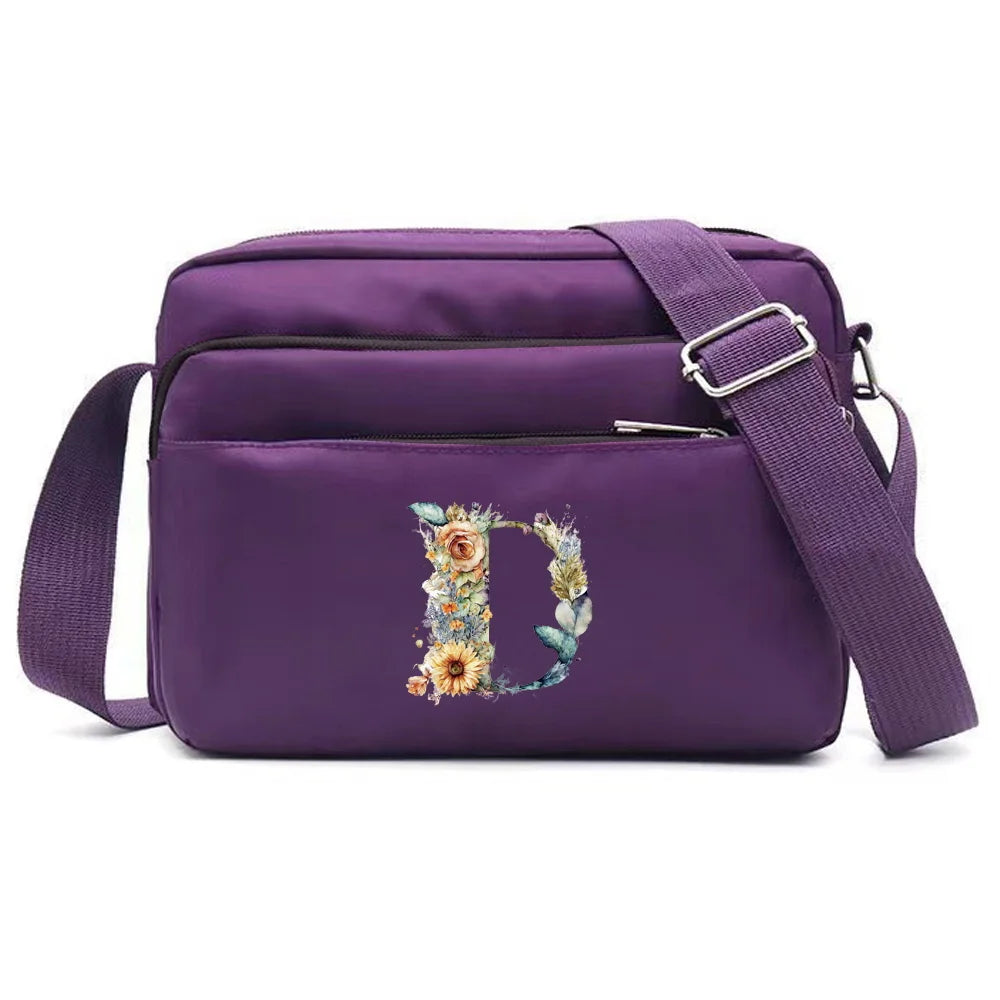 Leisure Purple One Shoulder Crossbody Bag Portable Commuting Large Capacity Floral Letter Series Printing Pattern Storage Bag