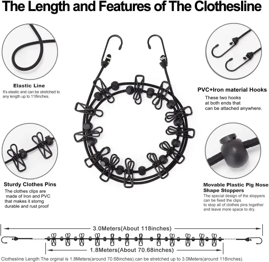 Adjustable 1.8m Retractable Clothesline with 12 Clips for Laundry and Camping  tendedero camping Clothesline with 12 Clips