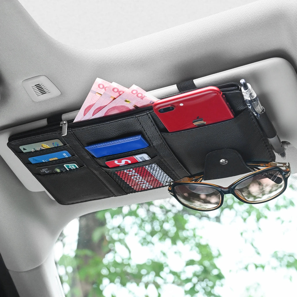JFBONIN Car Sun Visor Organizer Storage Box with Sunglasses Clip Business Card Holder Bill Pen Holder - Vehicle Interior Accesso