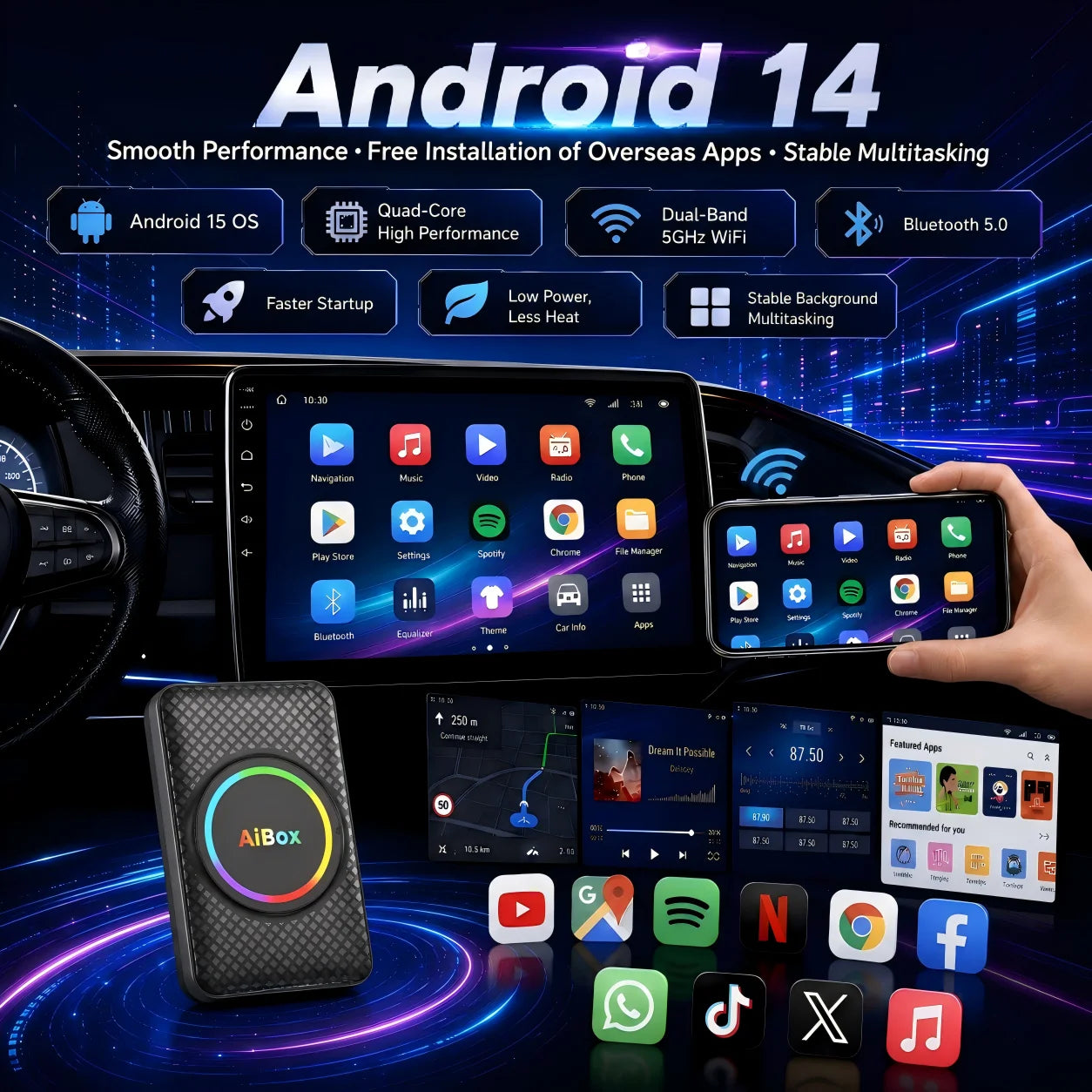 Android 14 CarPlay AI Box Wireless CarPlay Android Auto Adapter Plug and Play Supports Netflix YouTube Twitter IPTV Toyota VW Ki