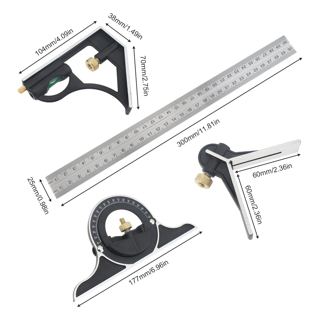 300mm Stainless Steel Combination Square Ruler for Woodworking Measuring Tools Protractor Adjustable 90 Degree Angle Ruler
