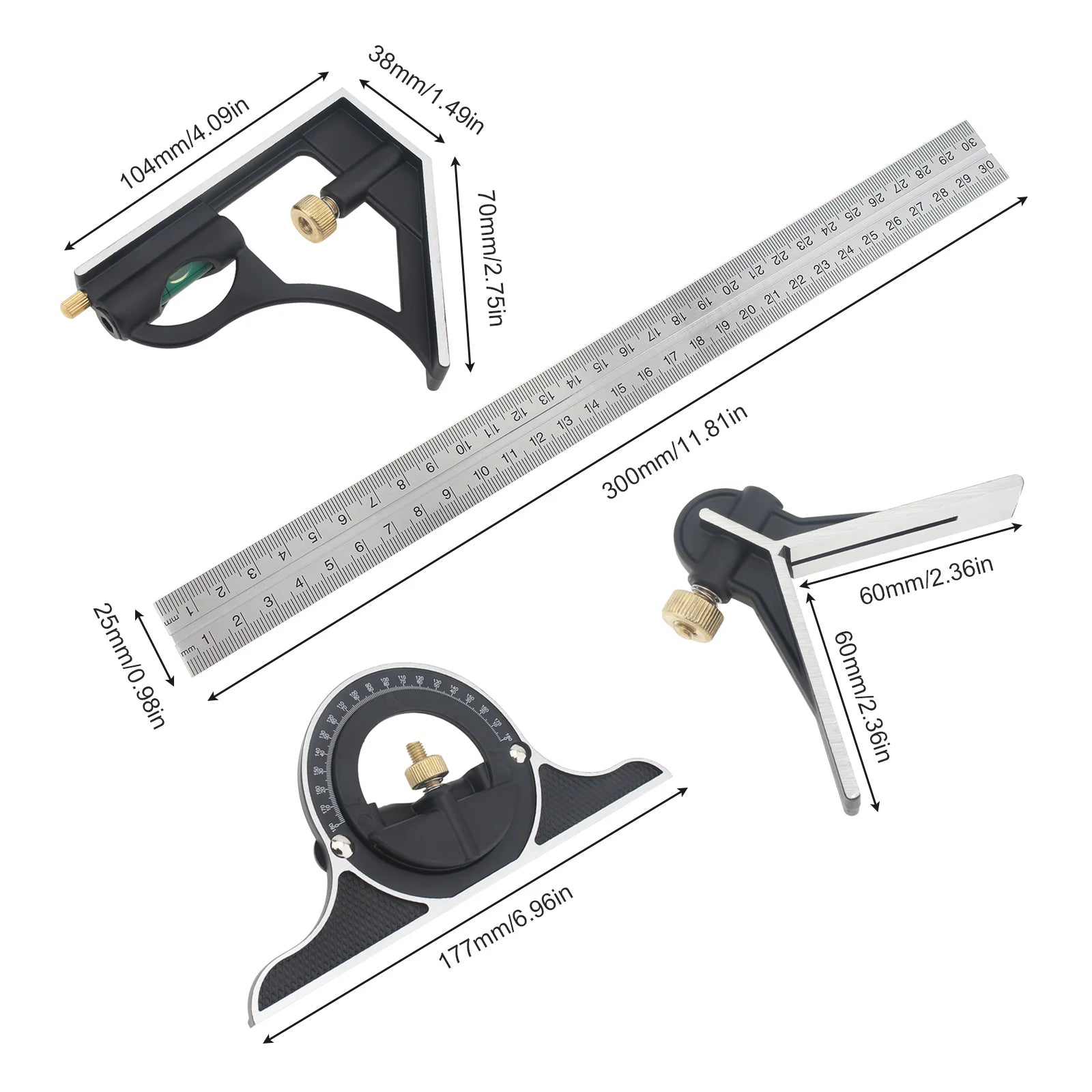300mm Stainless Steel Combination Square Ruler for Woodworking Measuring Tools Protractor Adjustable 90 Degree Angle Ruler
