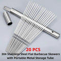 20Pcs Barbecue Skewer with Storage Tube Stainless Steel Reusable Flat BBQ Needle Stick for Outdoor Camping Party BBQ Accessories