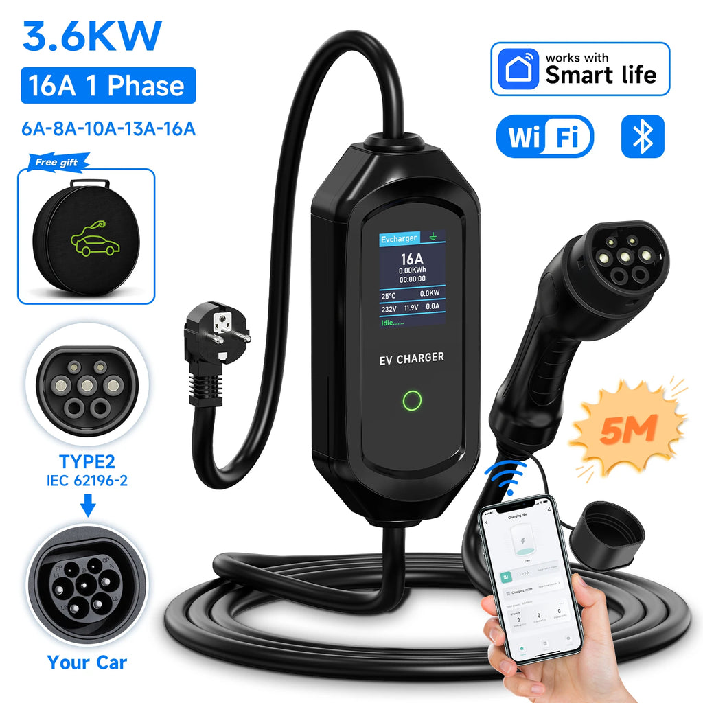 AFYEEV 3600W Portable Type2 IEC62196-2 EV Charger Type1 SAE J1772 Electric Car Charger GBT EVSE Charging Cable Wallbox EU Plug