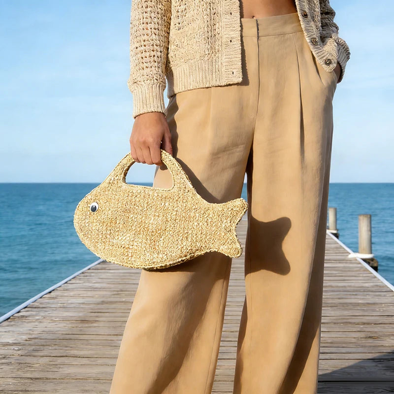 Raffia Straw Woven Bag,Fish Shaped Funny Cute Women Handbag,Spring Summer Boho Beach Vacation Evening Elegant Clutch Purse