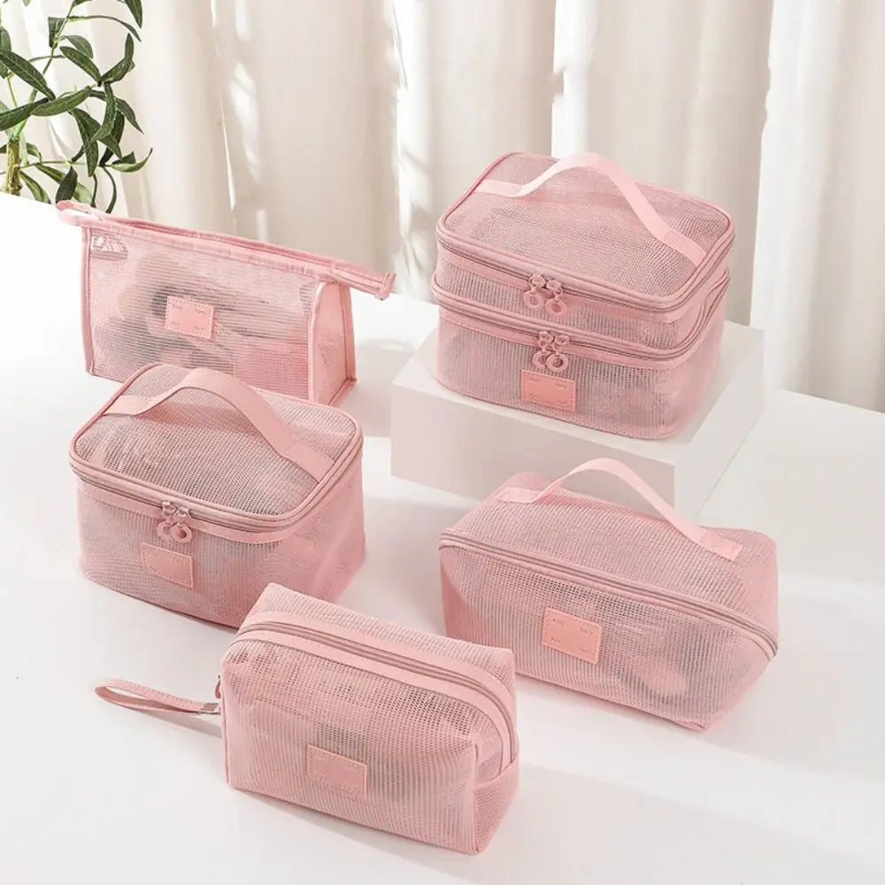 Portable Mesh Handheld Makeup Bag Square Lightweight Storage Toiletry Bag Zipper Large Capacity Transparent Mesh Cosmetic Bag