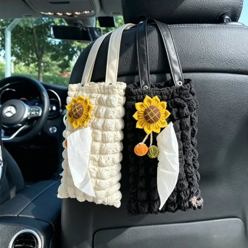 1PCS Cute 3D Flower Car Headrest Tissue Box, Seat Back Hanging Napkin Holder, Bubble Cloth Car Interior Vehicle Decor Accessory