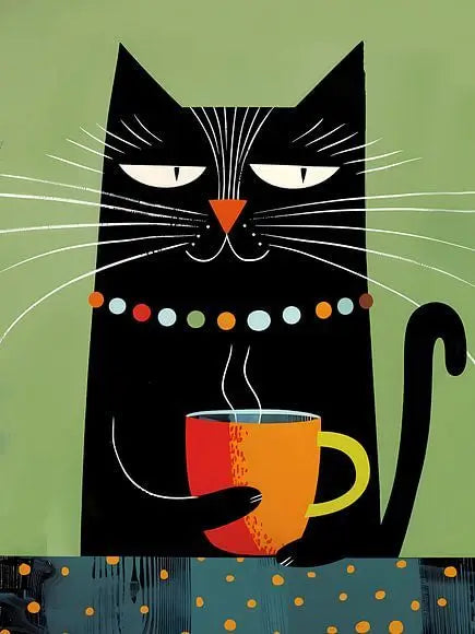 Whimsical Black Cat Drink Coffee Poster For Bedroom Nursery Cartoon Animal Canvas Painting Cute Cat Illustration Print Wall Art