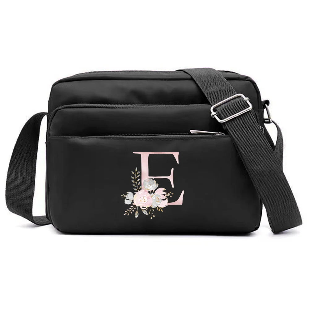 New Simple Black Storage Bag Multi-layer Travel Leisure One Shoulder Crossbody Bag Pink Flower Letter Series Printing Pattern