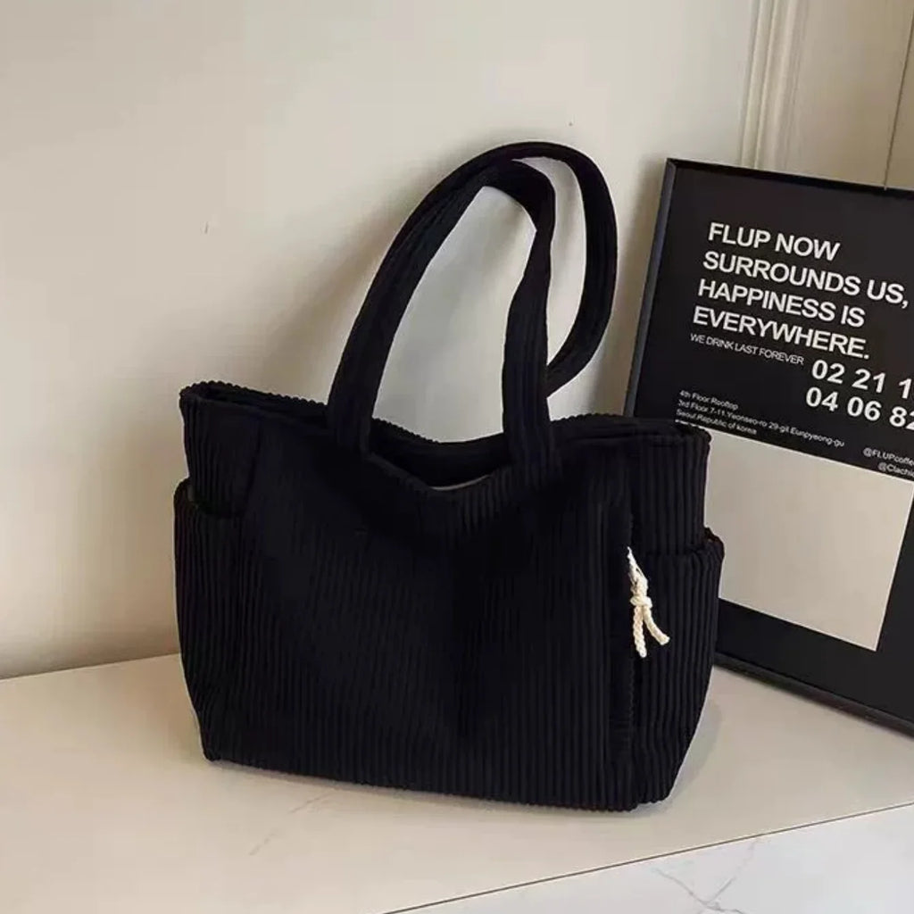 Large Corduroy Tote Bag for Women Everyday Shoulder Bag with Pockets and Zipper for Work Travel Vacation