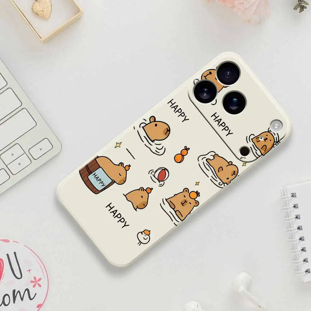 Cartoon Capybara Happy Phone Case For iPhone 17 Pro Max 17 Air 16 15 14 Plus 13 12 11 Pro Max XS Max XR 16E Silicone Soft Cover