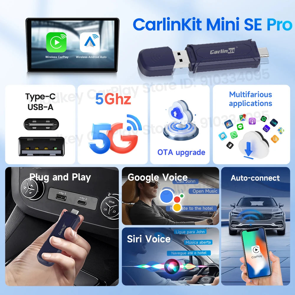 CarlinKit 5 Wireless Android Auto Wireless CarPlay Adapter 2In1 Mini SE Pro Auto Connect OTA Update Plug And Play USB-A/Type-C
