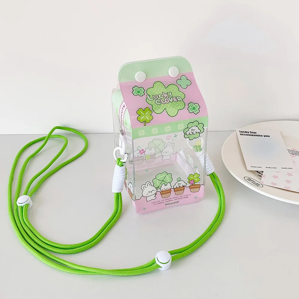 Fashion Cartoon 4-Leaf Clover Transparent Doll Crossbody Bag Cute Girls Decorative Display Figurine Single Shoulder Storage Bag
