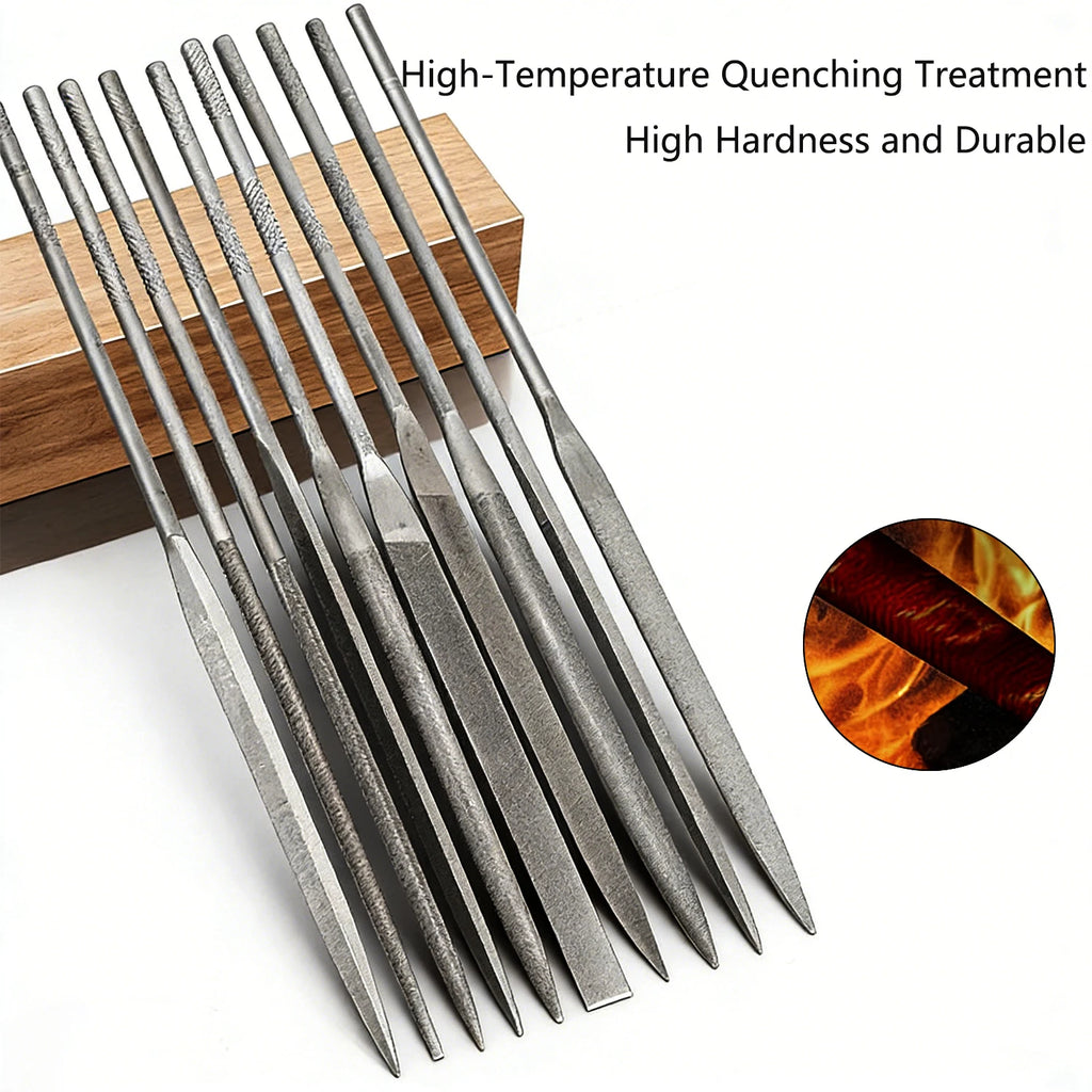 10Pcs Precision Needle File Kit 140mm, Assorted Shapes Mini Files for Metal/Wood/Plastic Detailing, Ergonomic Steel Handle