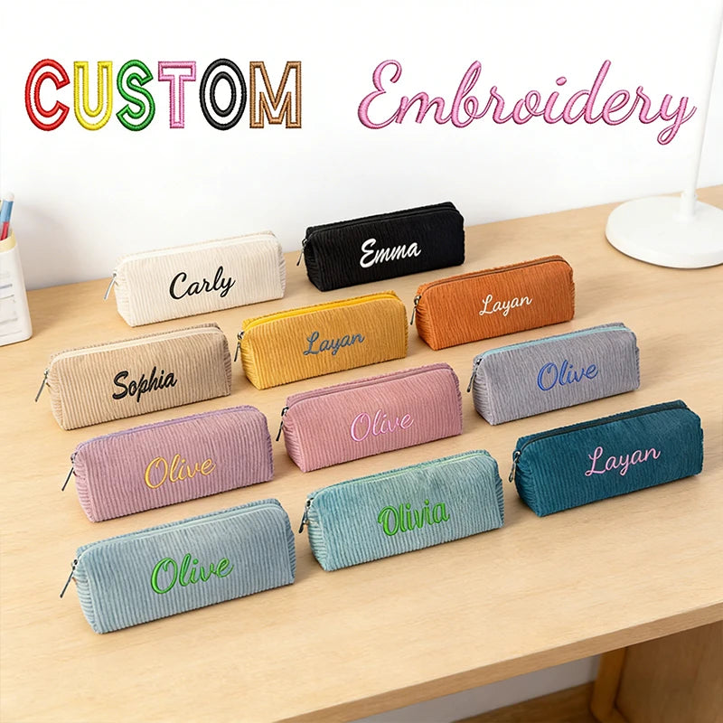 Customised Embroidery/Standard Style 2 Options,High-quality corduroy pencil case, clutch bag, small and lightweight,!