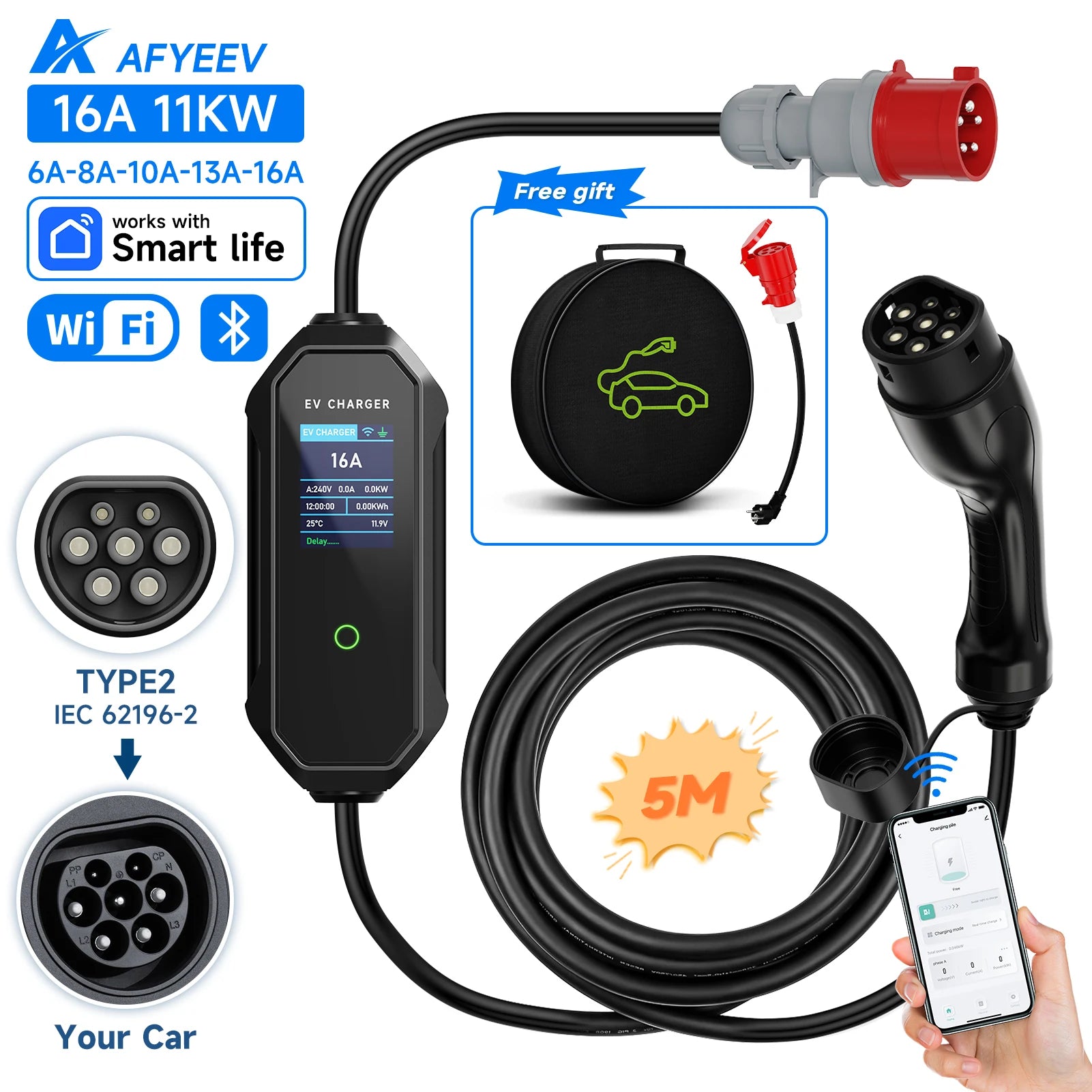 AFYEEV Type2 Portable EV Charger 11KW 16A 3 Phase GBT Electric Car Charger Wi-Fi APP Bluetooth Version Remote Control CEE Plug