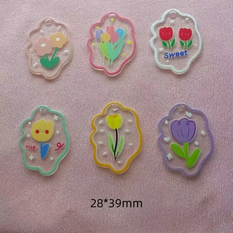 10pcs acrylic colored tulip relief printed pendant handmade DIY keychain earring pendant