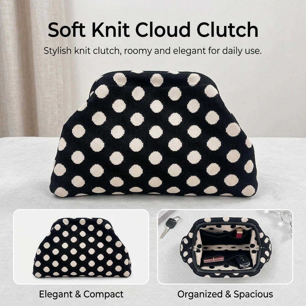 Women Trendy Striped Knitted Polka Dot Clutch Bag Large Capacity Bag with Handle for Commute Shopping