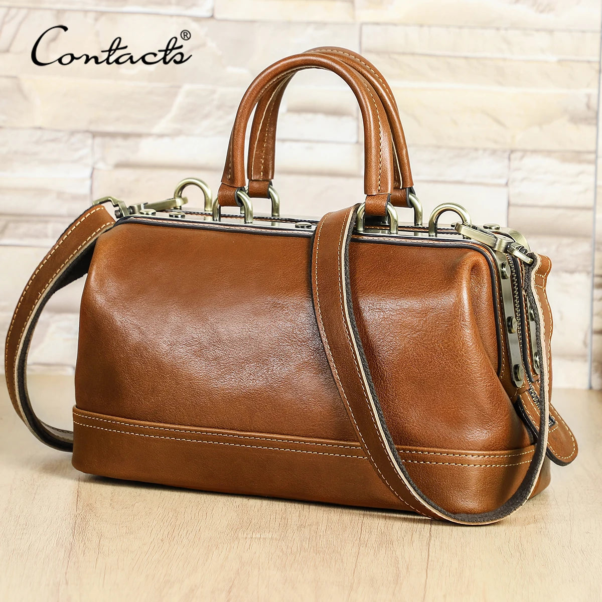 CONTACT'S Genuine Leather Shoulder Bags for Women Luxury Designer Doctor Bags Top Handle Bags Metal Frame Tote Handbags Ladies