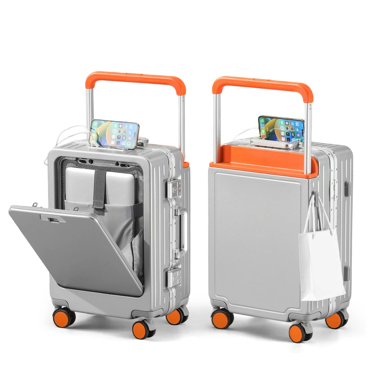 Front-Opening Luggage Box Carry-On Suitcase Swivel Wheels Charging Travel Suitcase Aluminum Frame Password Handle Boarding Plane
