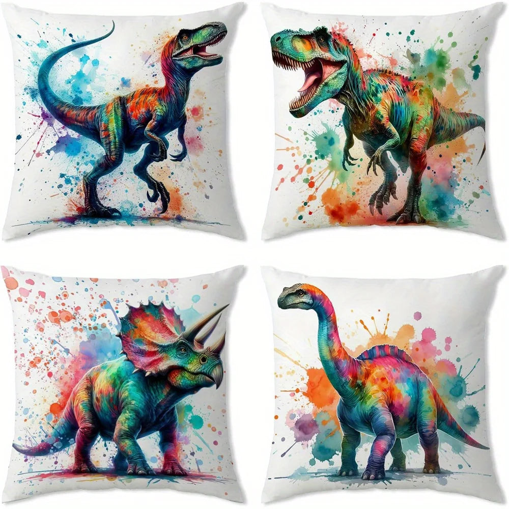Colorful Dinosaur Watercolor Pattern Double-sided Printed pillow cover Short plush Suitable living rooms throw cushion cover