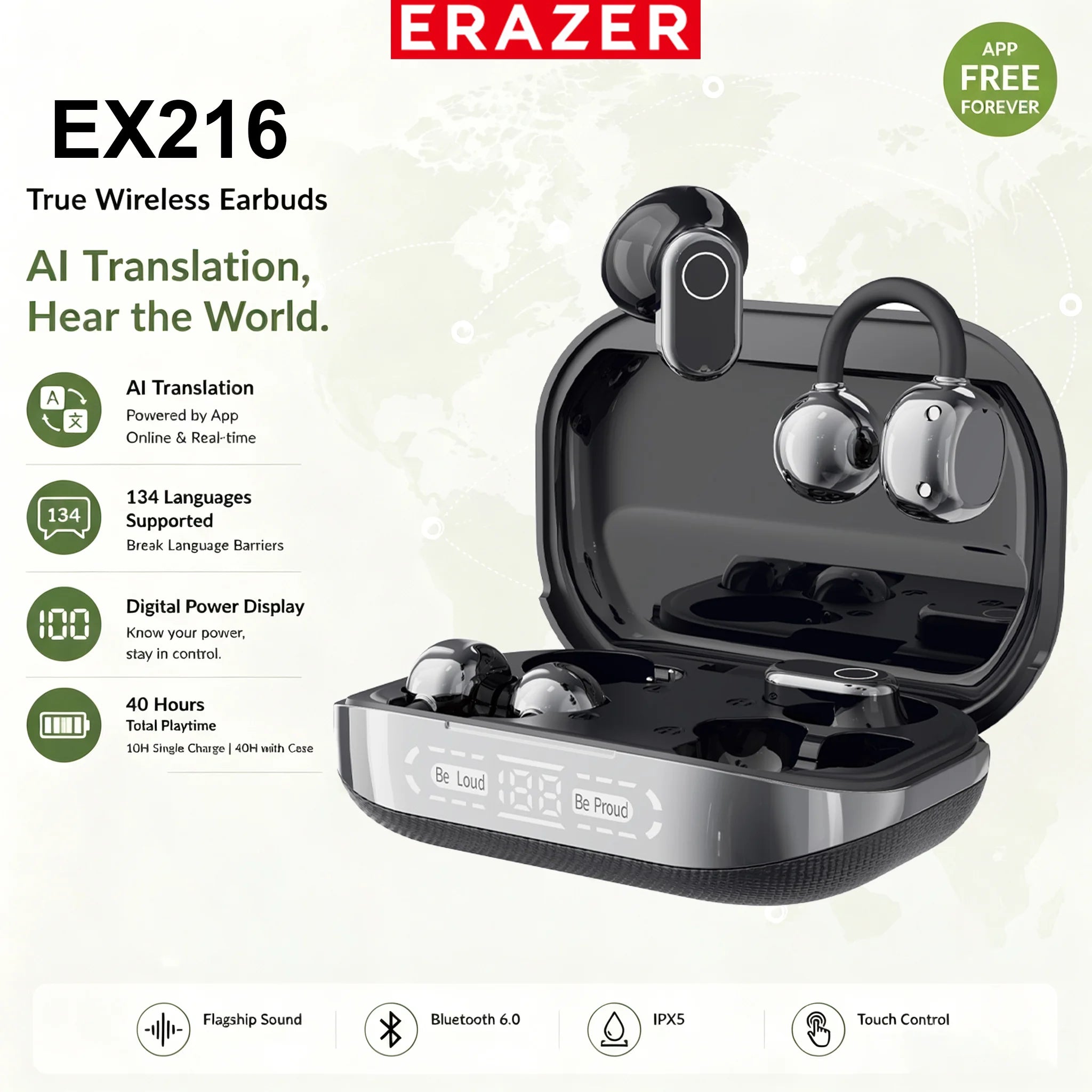 Erazer EX216 Soft Bluetooth Earphones 135 Language AI translator Earbuds Type-C Low Latency New 2-in-1 Wireless Headphones