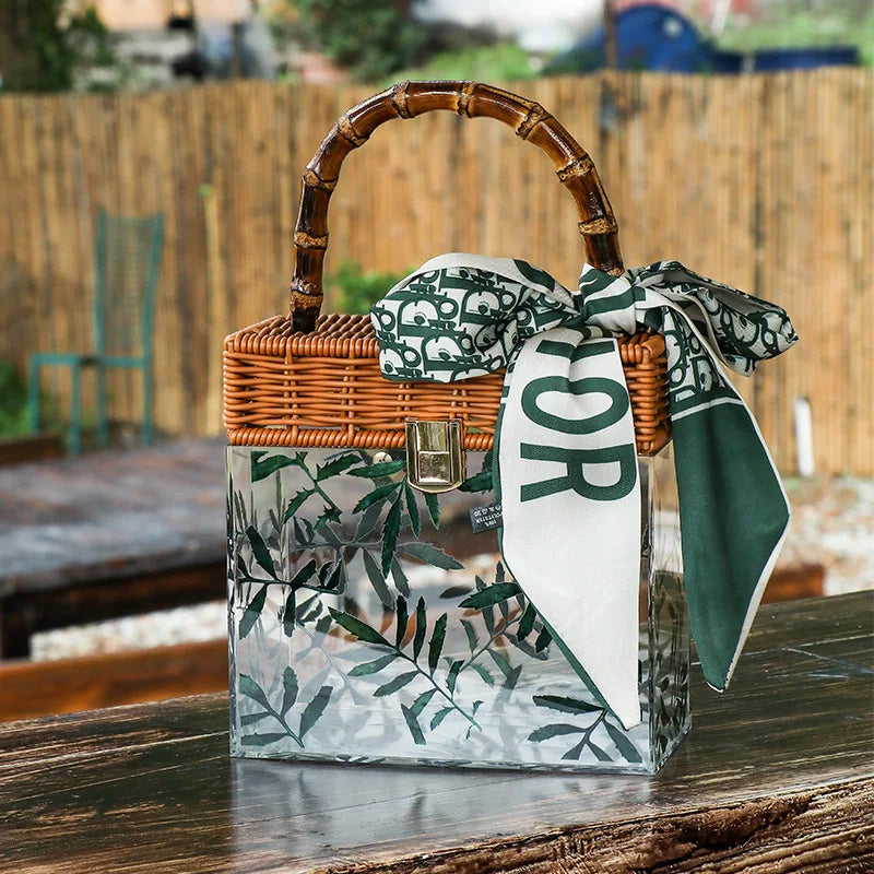 BEACH Summer Transparent Acrylic Box Printing Square Bag Bamboo Woven Handmade handle Gift Box Handbag Women Holiday Vacation